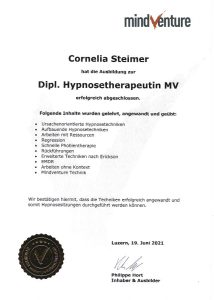 Diplom "Dipl. Hypnosetherapeutin MV" - Cornelia Steimer